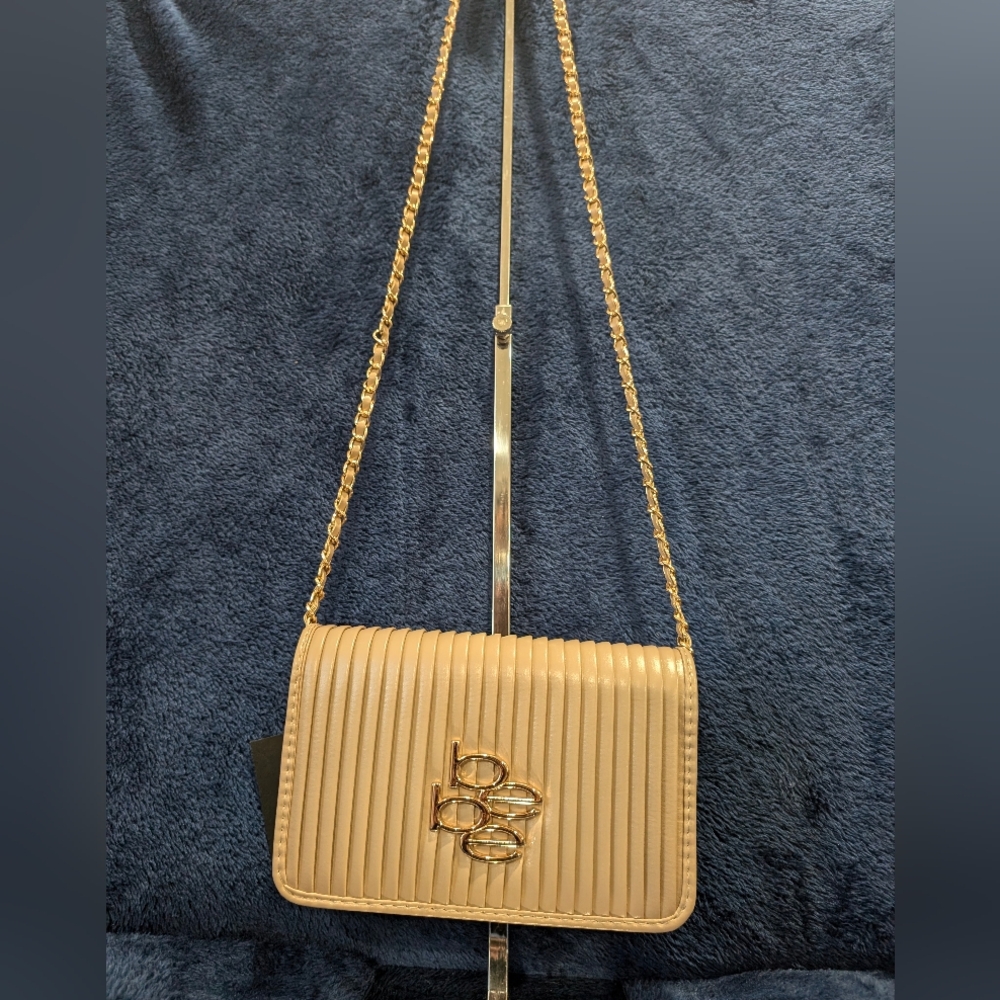 Bebe Nadine Pleats Flap Crossbody, Beige, 7.5x4.5x2", NWT, NO CALL OUTS